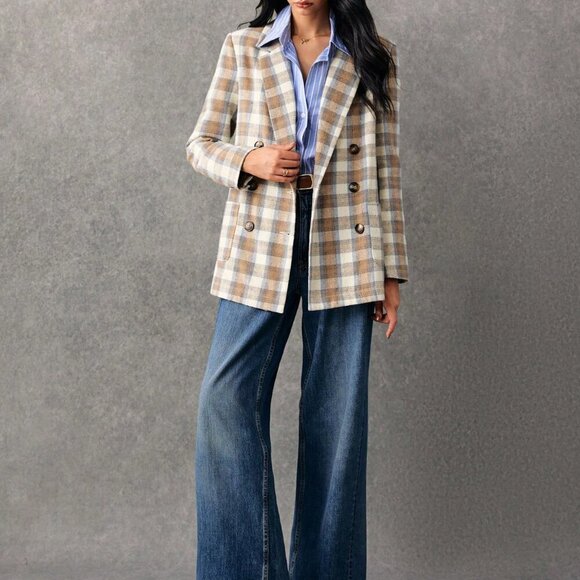 Multicolor Casual Women's Plaid Print Double-Breasted Long Sleeve Blazer Jacket - Picture 6 of 7